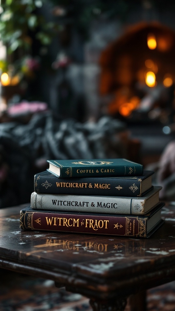 A cozy coffee table with stacked books on witchcraft and magic.