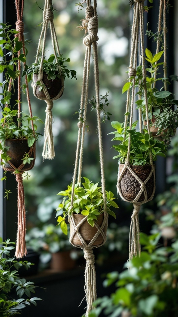 A collection of hanging plants in macramé holders.