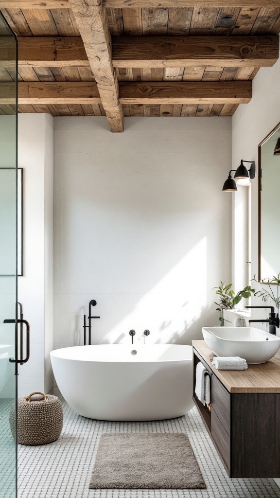 A modern rustic bathroom featuring wooden beams, a freestanding bathtub, and stylish fixtures.