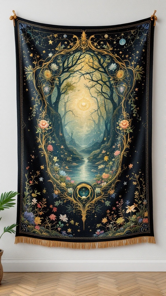 A beautifully woven tapestry featuring a mystical forest scene with flowers and celestial elements.
