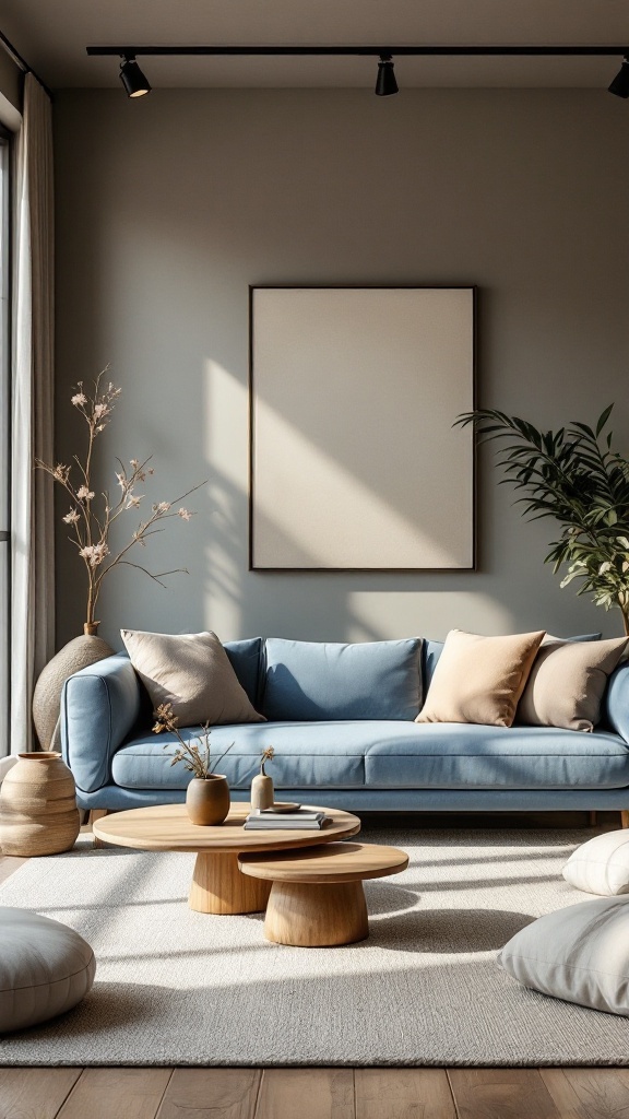 A serene living room featuring a light blue sofa, neutral cushions, and natural decor.