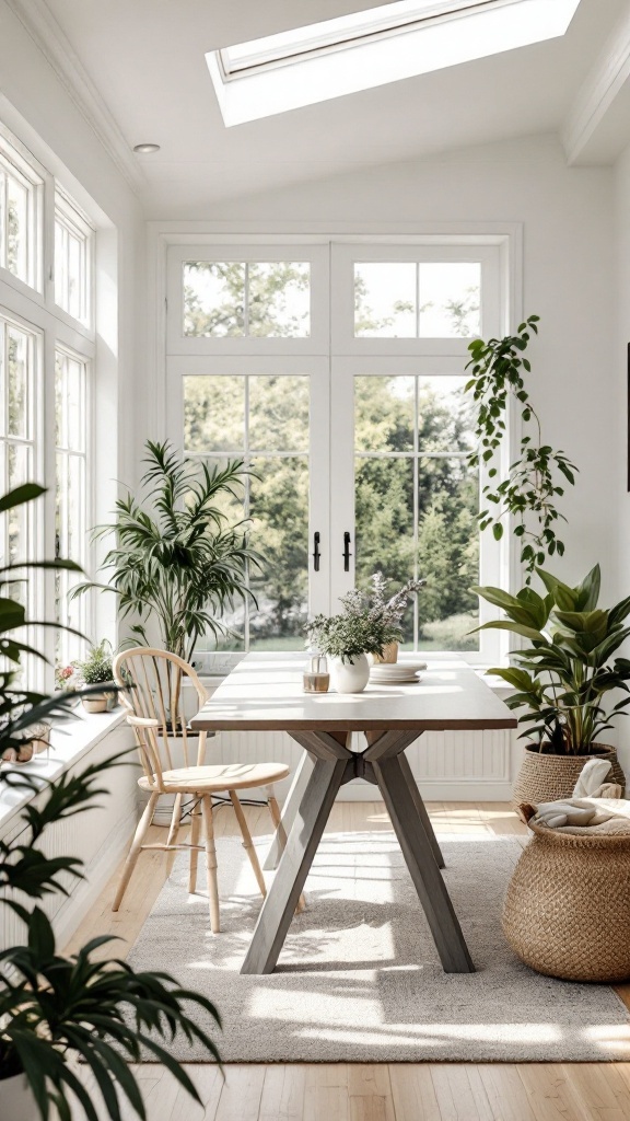 A zen meditation dining space with a wooden table, chairs, and greenery.