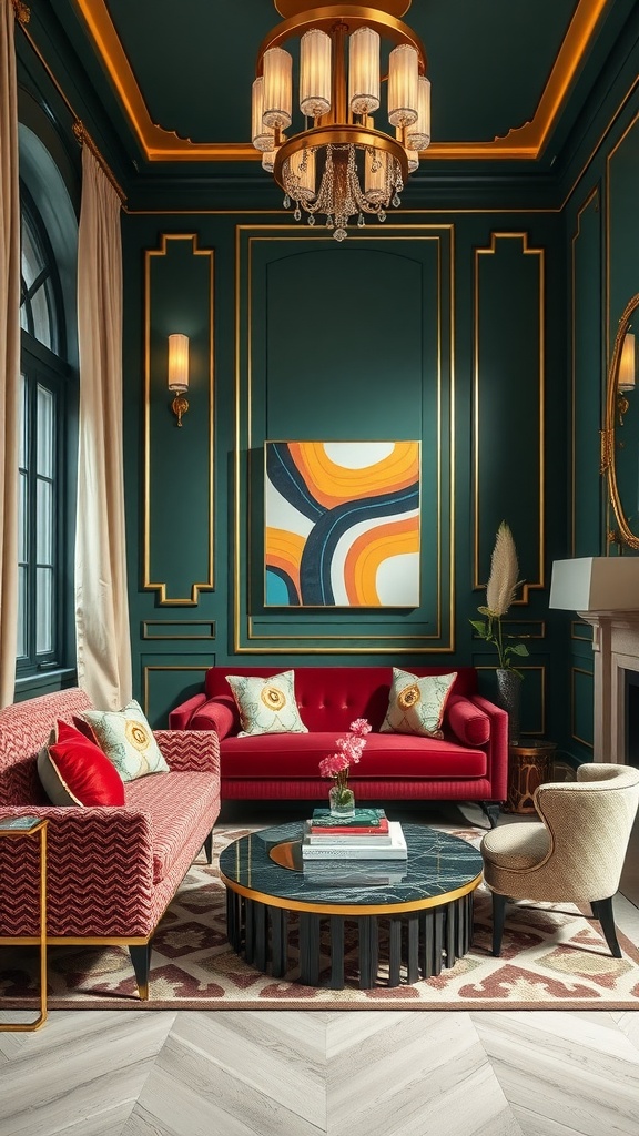 A stylish small living room showcasing Art Deco Glam with bold colors and elegant furnishings.