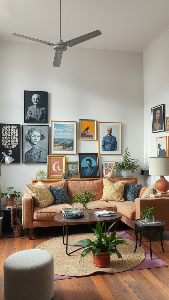 A small living room with a gallery wall of framed art, an orange sofa, and decorative plants.