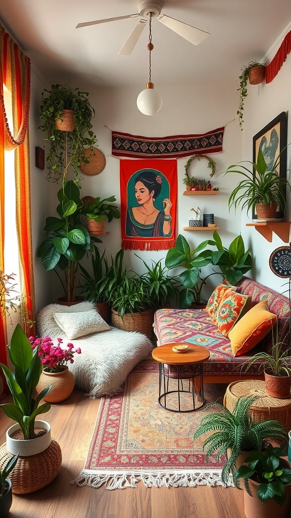 A cozy Bohemian living room with vibrant colors, plants, and artistic decor.