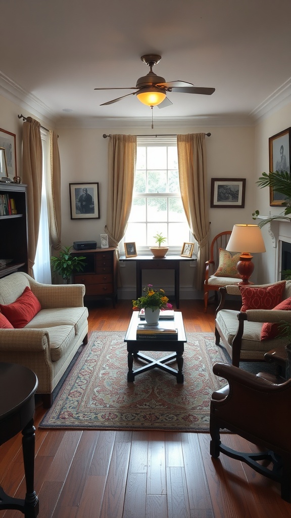 A cozy living room featuring comfortable seating, warm colors, and classic decor.