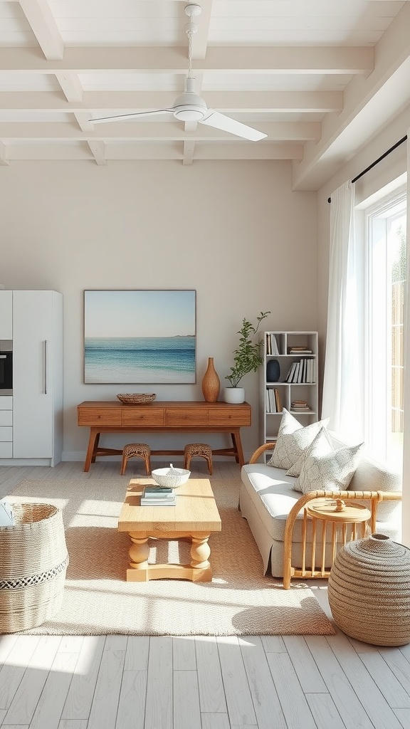 A bright coastal retreat living room with natural materials and beach-themed decor.