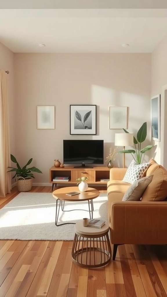 A modern small living room featuring a warm color palette with a cozy sofa, wooden furniture, and natural elements.