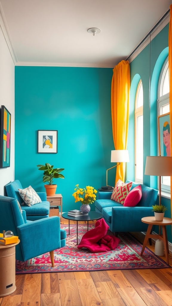 A vibrant small living room with teal walls, bright yellow curtains, and colorful furniture.