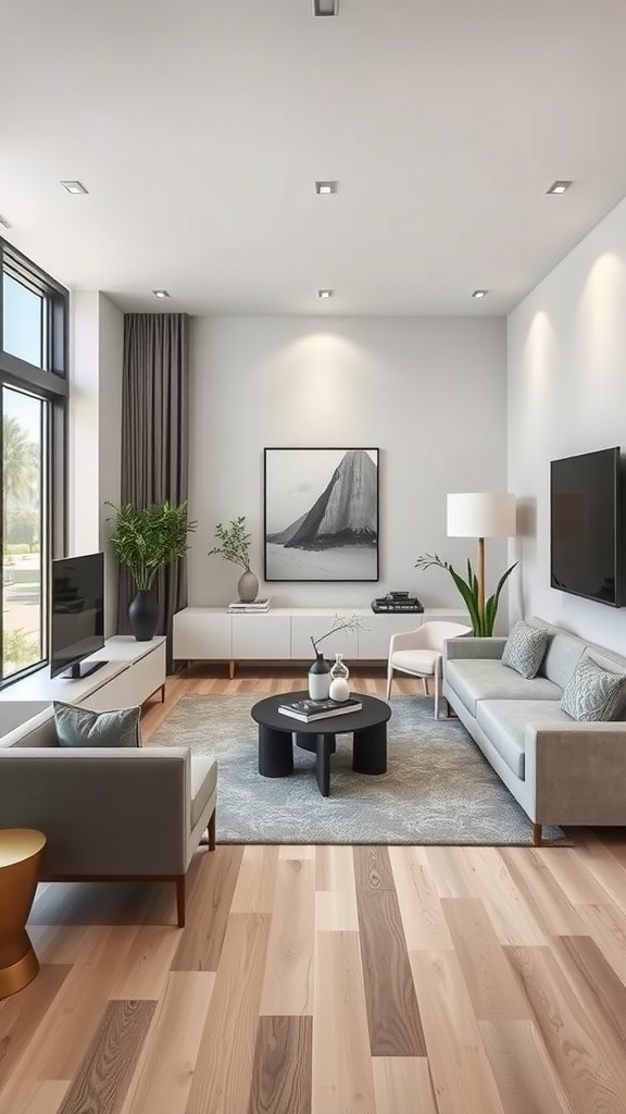 A modern small living room with clean lines, neutral colors, and natural elements.