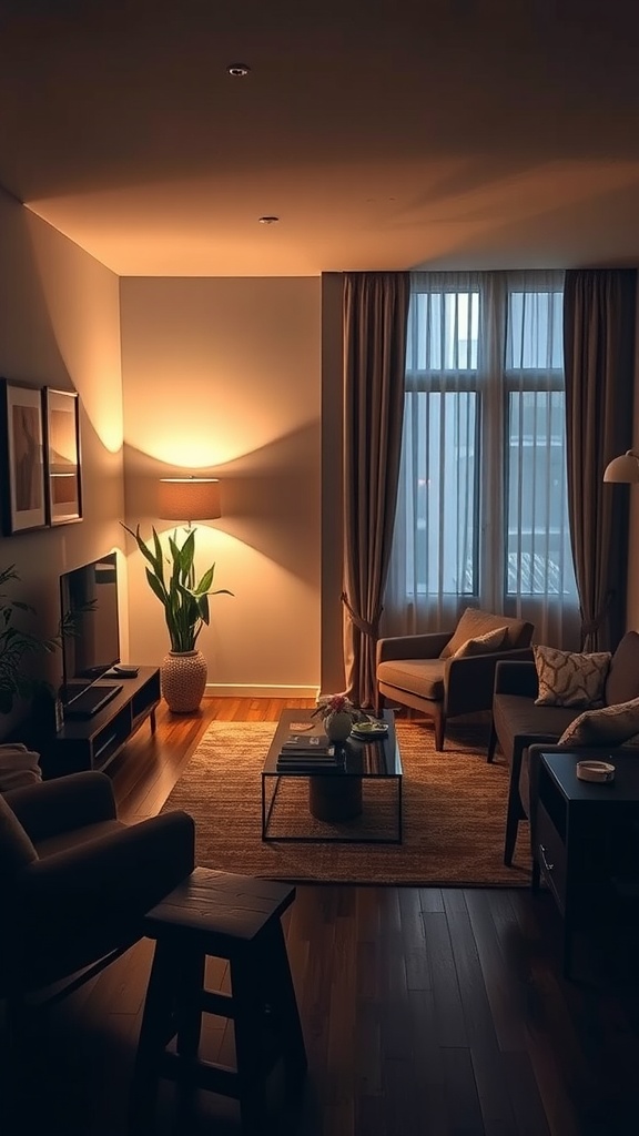 A modern small living room with layered lighting including floor and table lamps.
