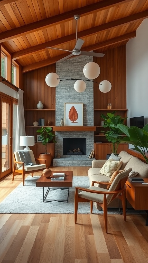 A mid-century modern small living room with wooden elements, cozy furniture, and plants.