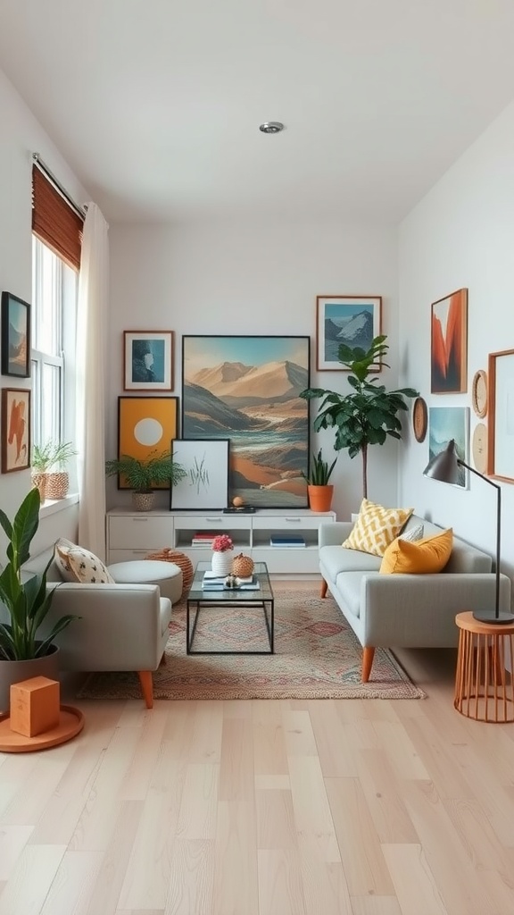 A bright and stylish small living room with modern decor, featuring plants, art, and cozy seating.