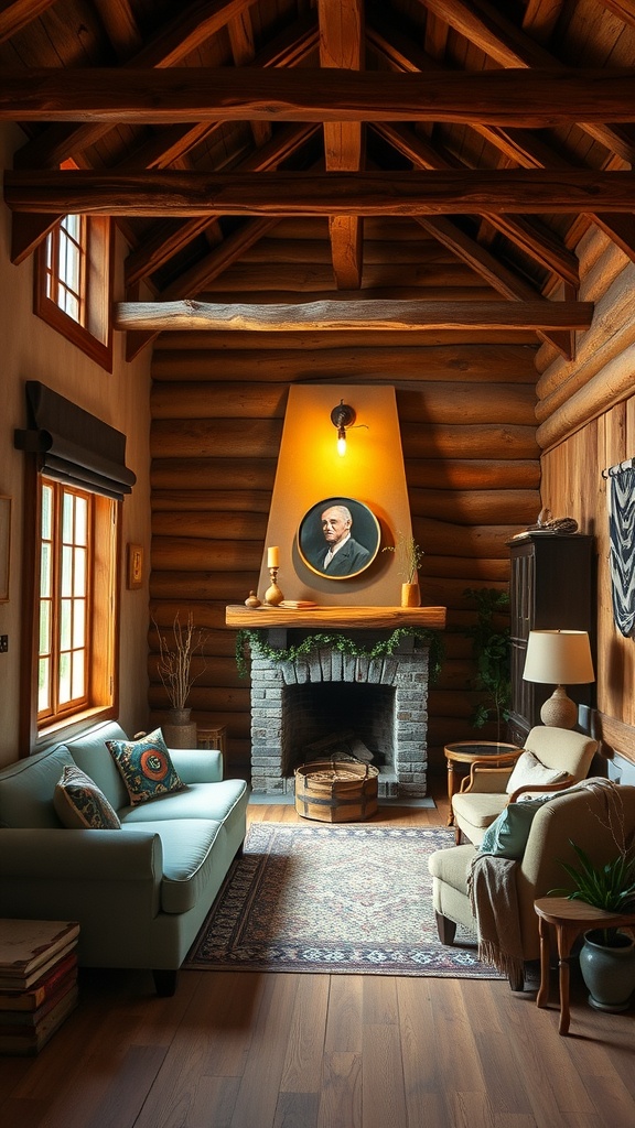 A rustic farmhouse living room with wooden beams, cozy furniture, and a warm fireplace.