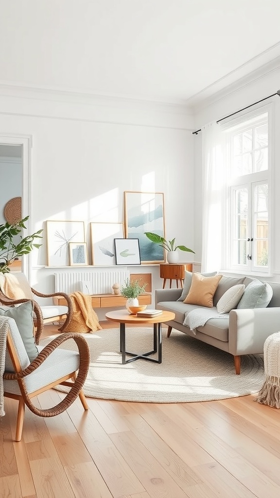 A bright Scandinavian-style living room with minimalist decor, featuring light colors, natural materials, and cozy furniture.