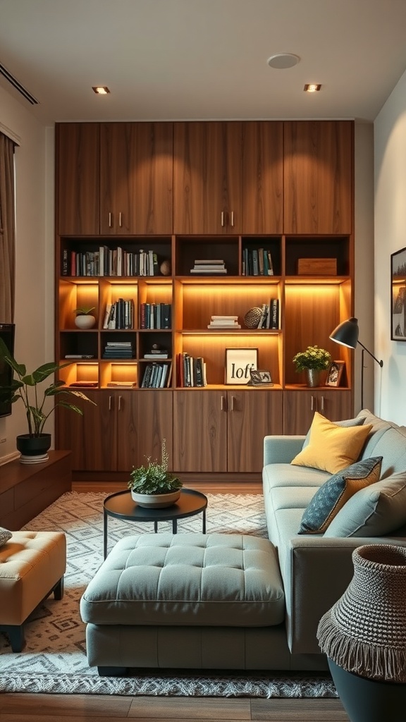 Modern small living room with smart storage solutions and stylish decor.