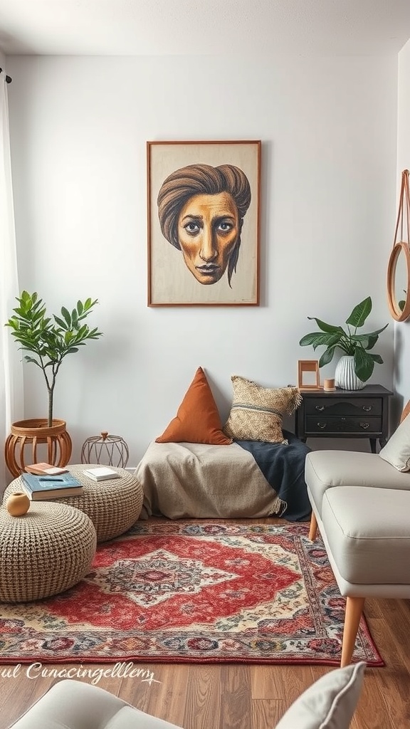 A small living room featuring various textures with poufs, a decorative rug, and cushions.