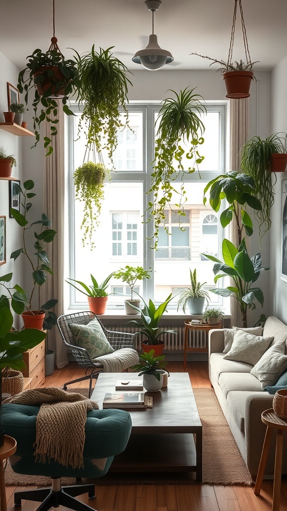 A cozy living room filled with various plants and greenery, showcasing the Urban Jungle style.