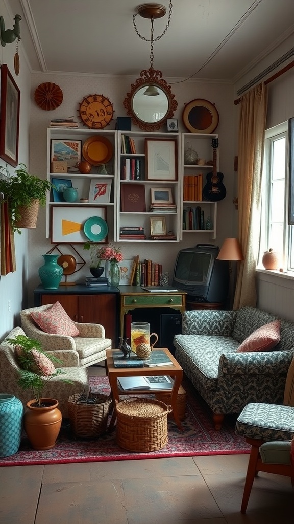 A cozy vintage eclectic living room with mixed decor, plants, and colorful furnishings.