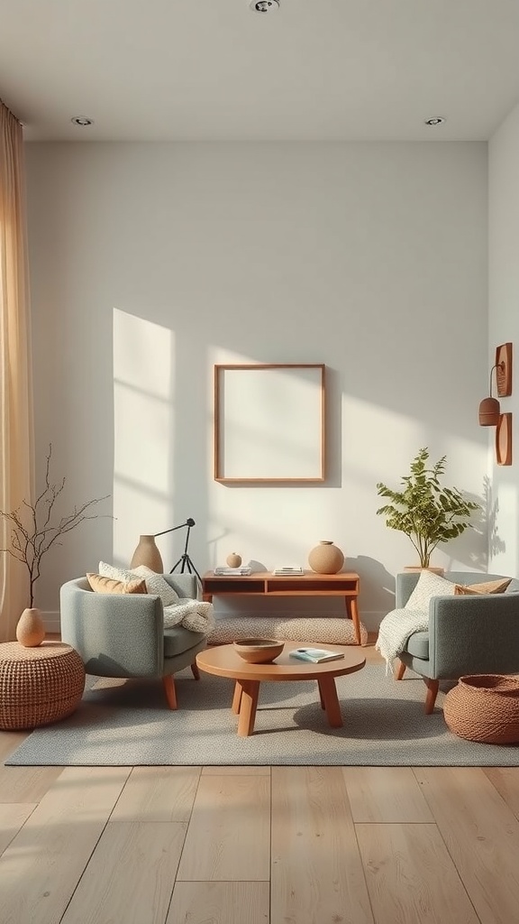 A cozy living room with soft blue chairs, a wooden coffee table, and natural decor, designed for relaxation.