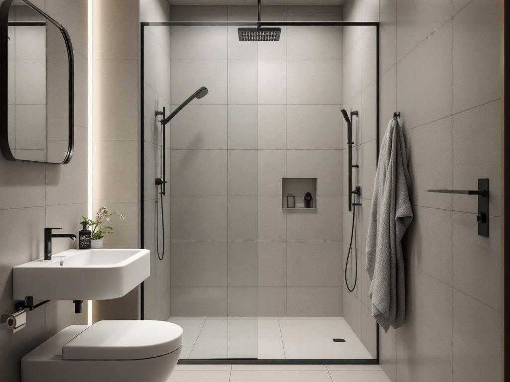 A minimalist bathroom featuring a compact shower nook with glass enclosure, neutral tiles, and modern black fixtures.