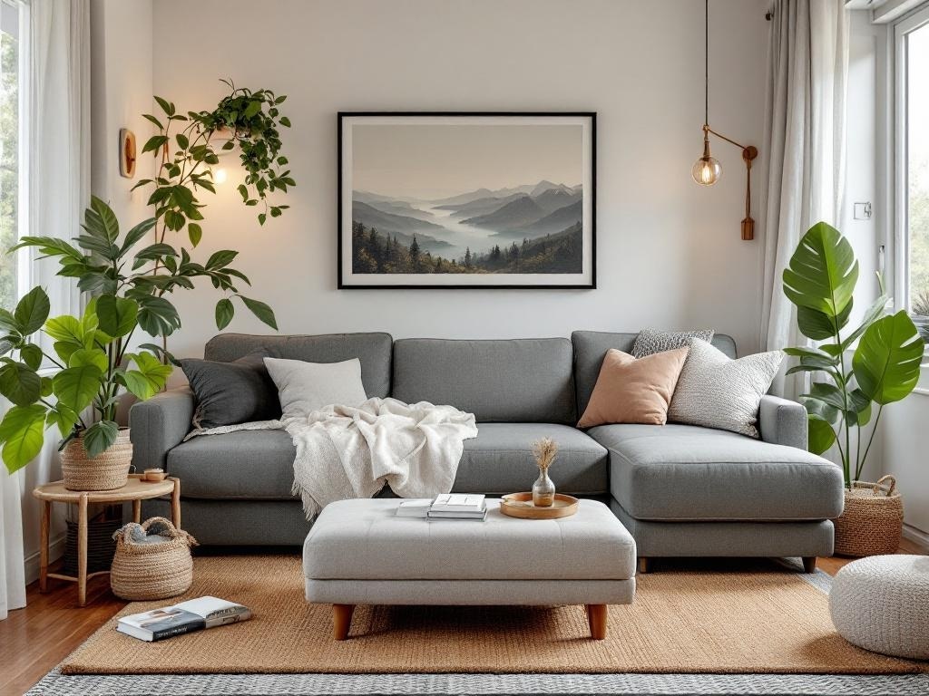 Cozy living room with a sectional sofa, ottoman, plants, and wall art