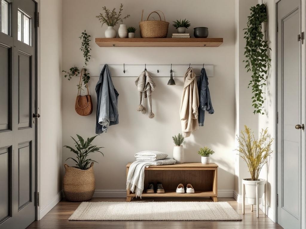A cozy entryway with a wooden shelf, hooks for coats, and potted plants.
