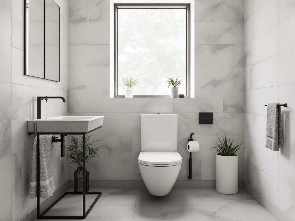 A small minimalist bathroom featuring hidden plumbing with a modern sink and toilet.