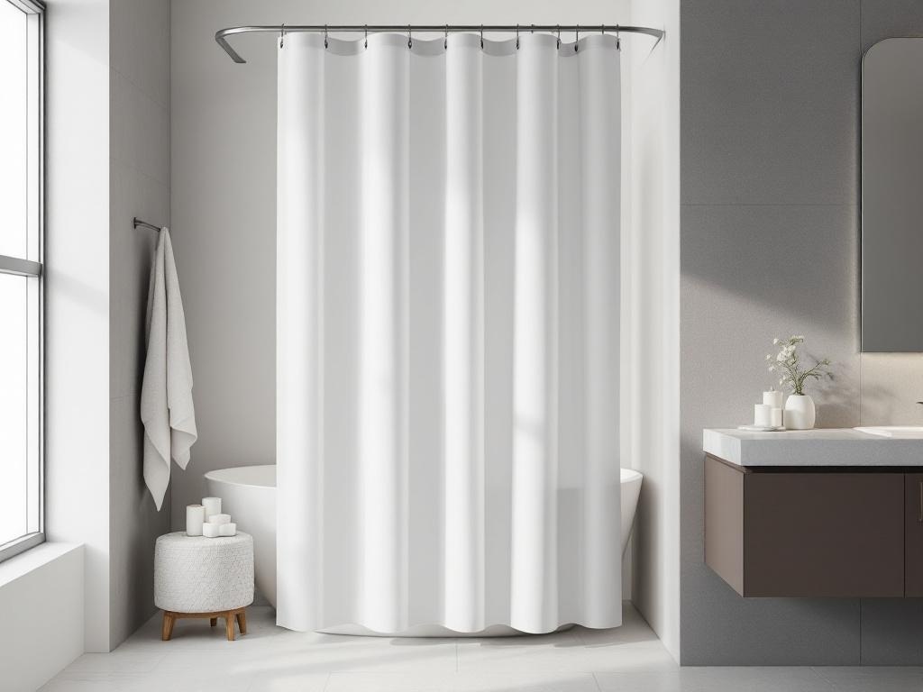 Minimalist bathroom with a sleek white shower curtain, modern fixtures, and neutral decor.