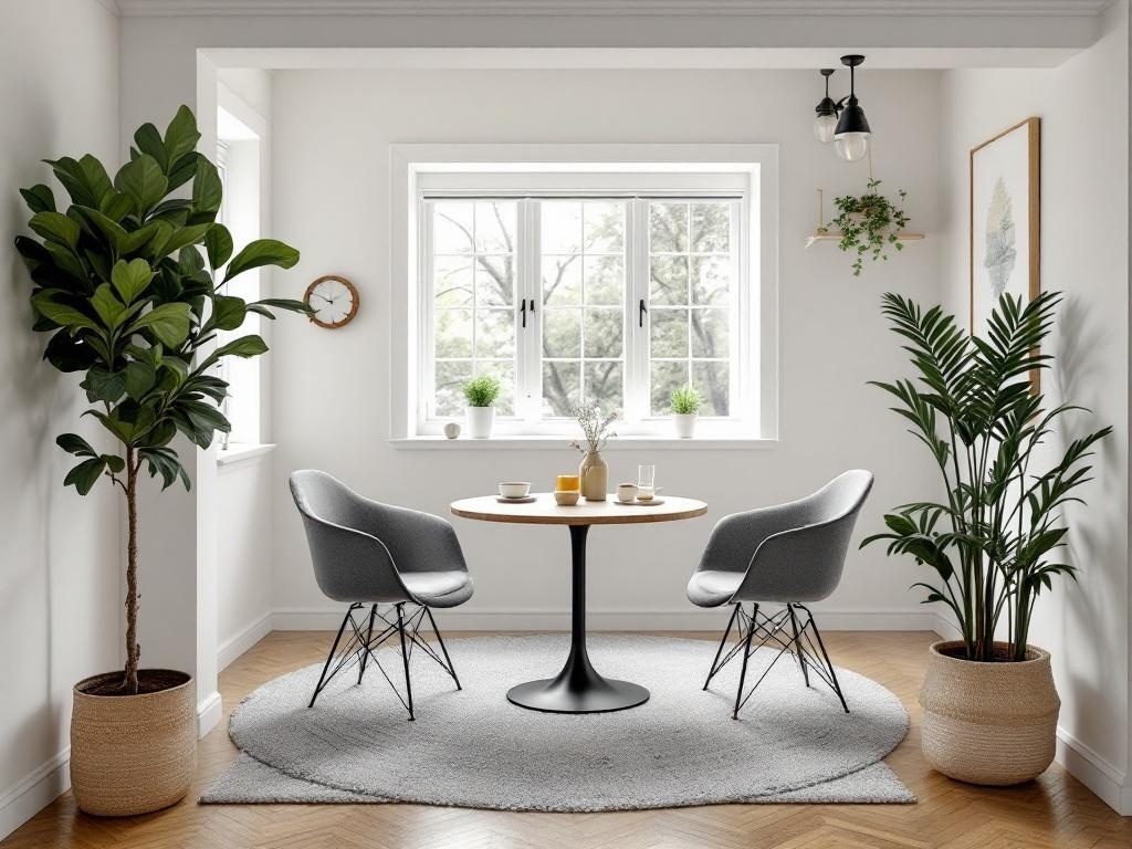 A compact dining area with a round table, two chairs, and potted plants, featuring natural light from a window.