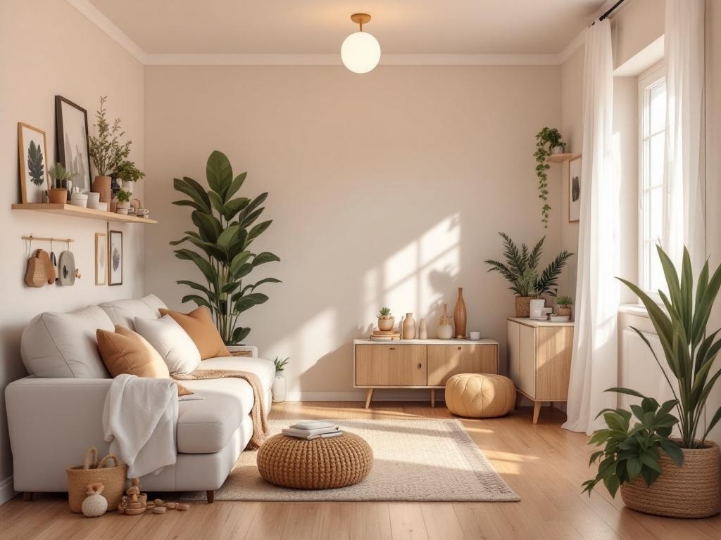Cozy living room with neutral tones, plants, and wooden furniture