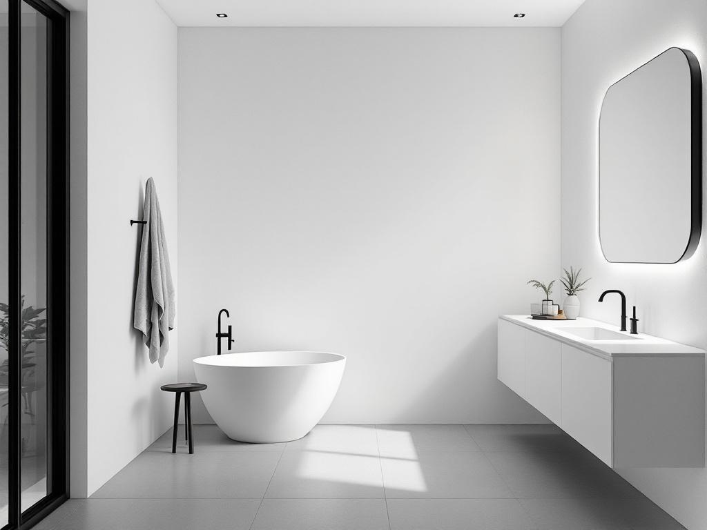 A minimalist bathroom featuring a round white bathtub, gray walls, and modern fixtures.