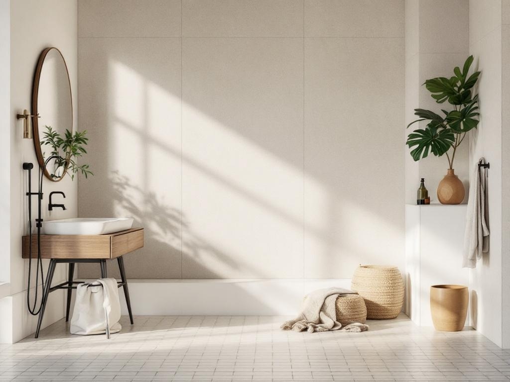 Minimalist bathroom with eco-friendly fixtures, wooden vanity, and plants