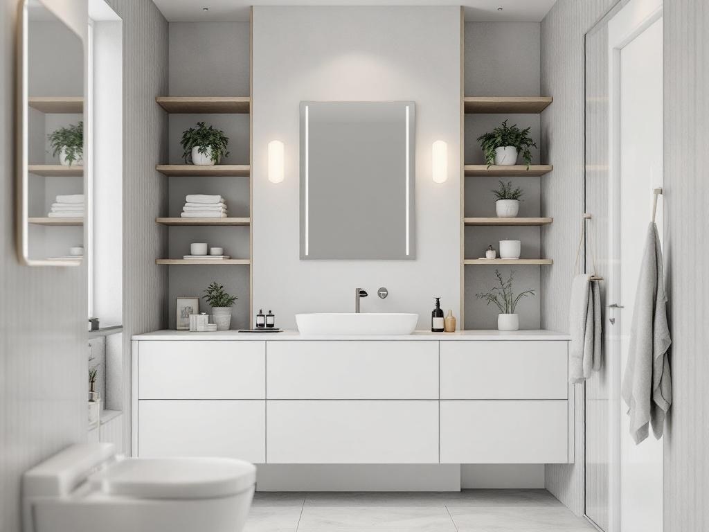 Minimalist bathroom with open shelving and plants
