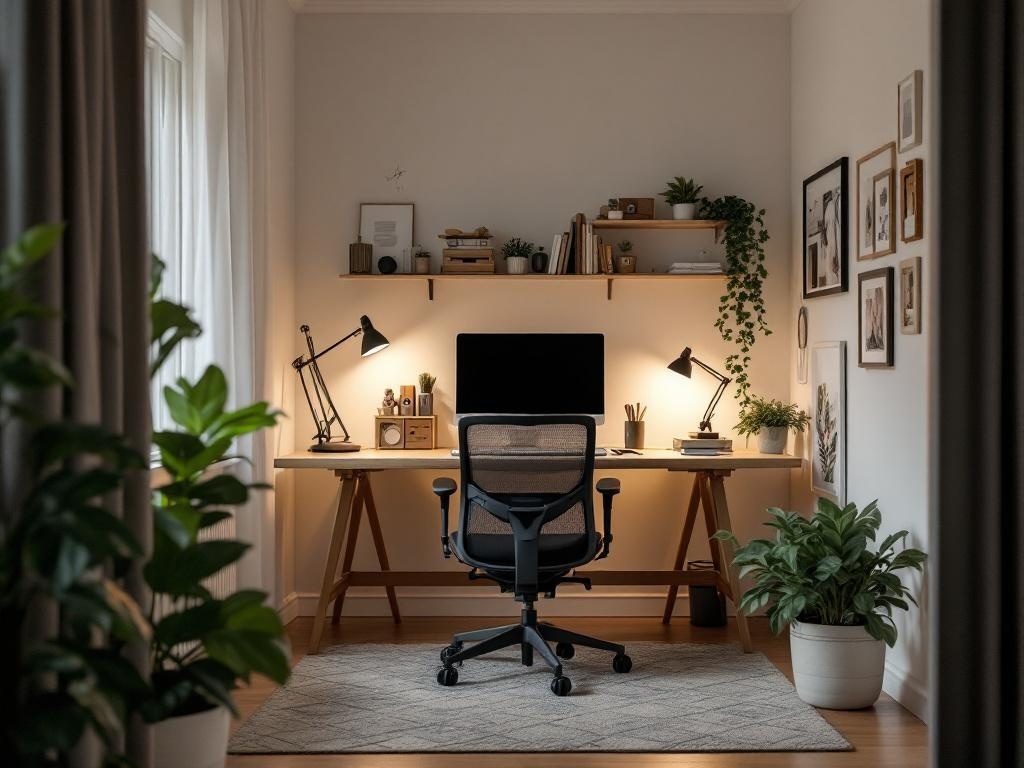 A cozy home office nook featuring a desk, chair, and plants, designed for productivity in a tiny house.
