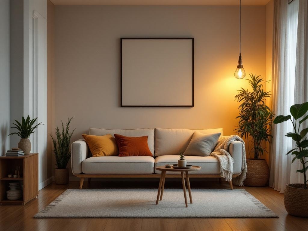 A cozy minimalistic tiny living room featuring a light sofa, accent pillows, a coffee table, and plants.