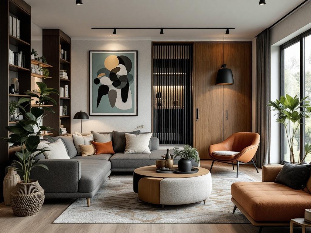 Stylish living area with a wooden room divider separating spaces, featuring a gray sofa, orange chair, and plants.