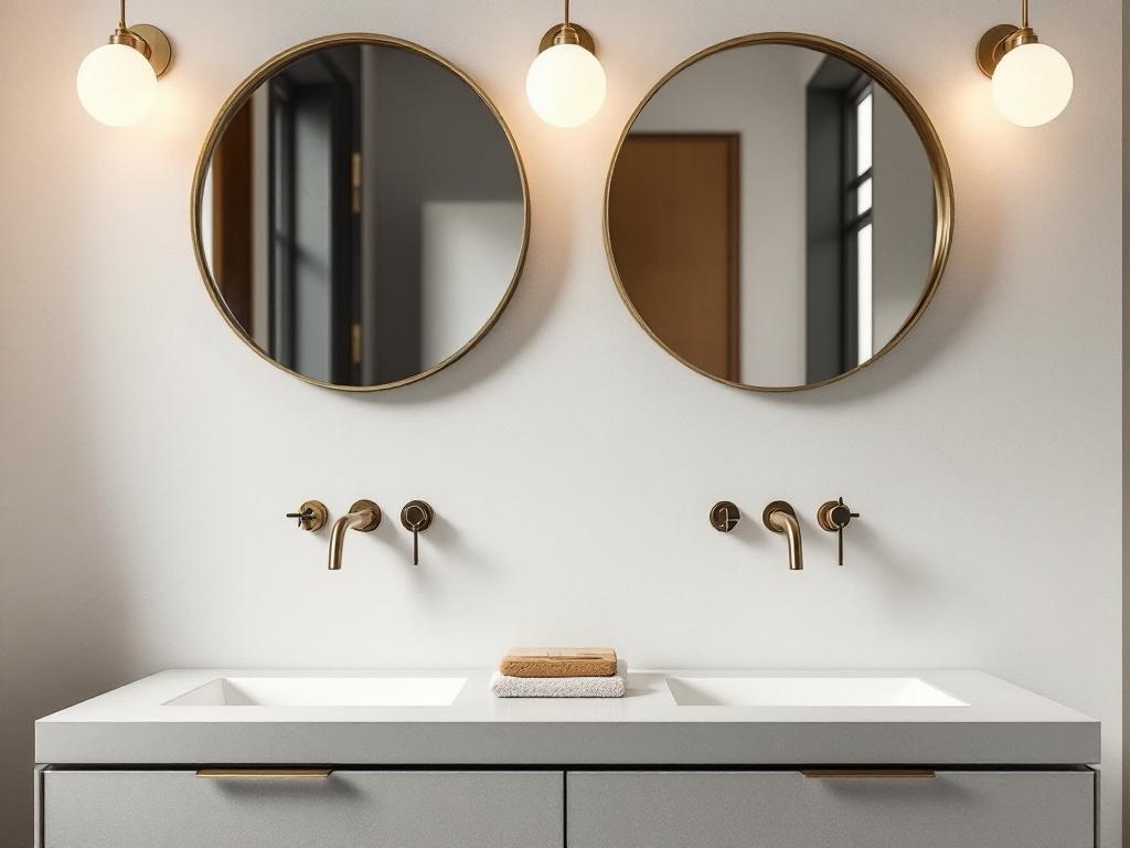 A minimalist bathroom featuring wall-mounted faucets, round mirrors, and stylish lighting.