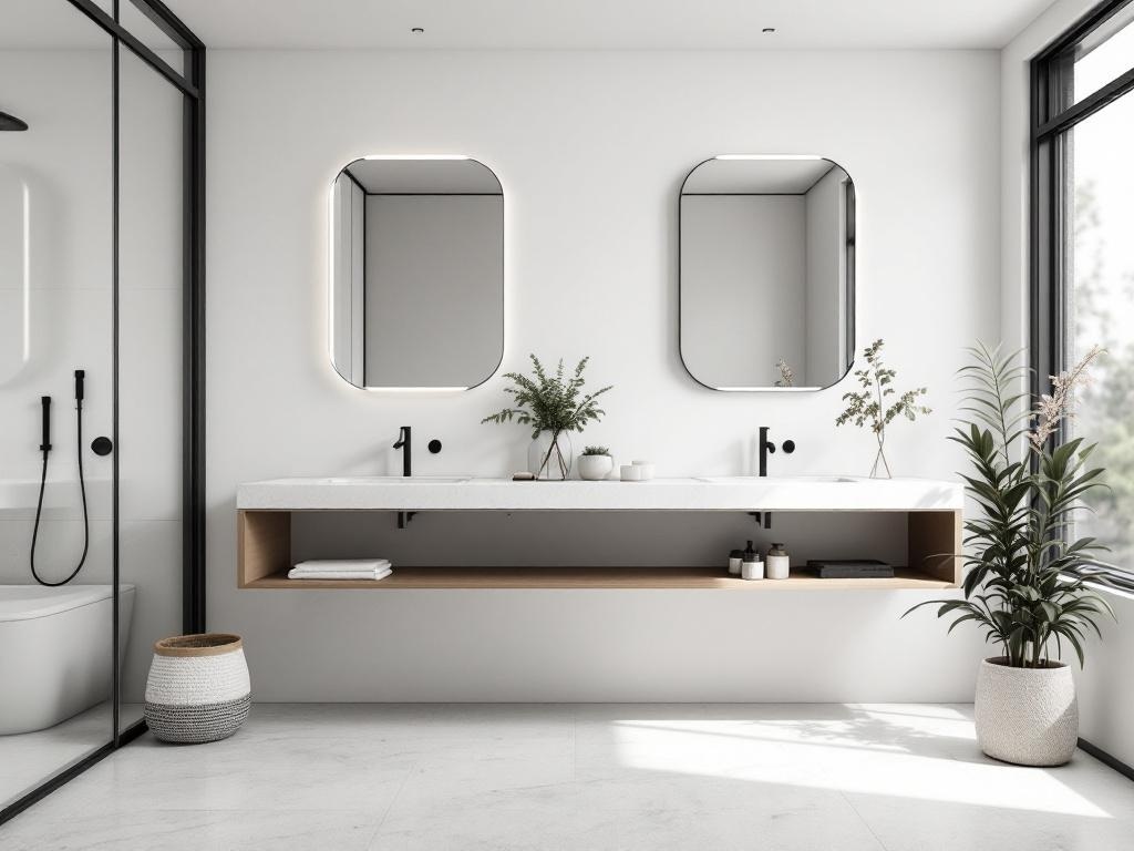 A minimalist bathroom featuring a floating vanity with two mirrors, plants, and a shower area.