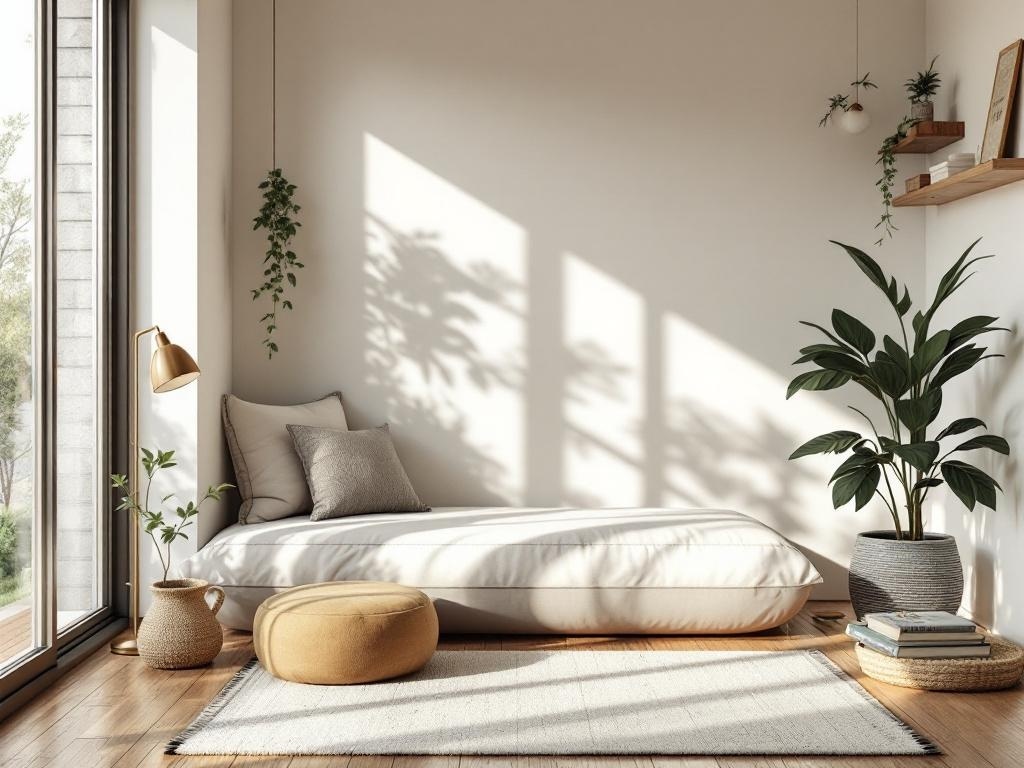 A serene meditation space with a daybed, plants, and natural light.