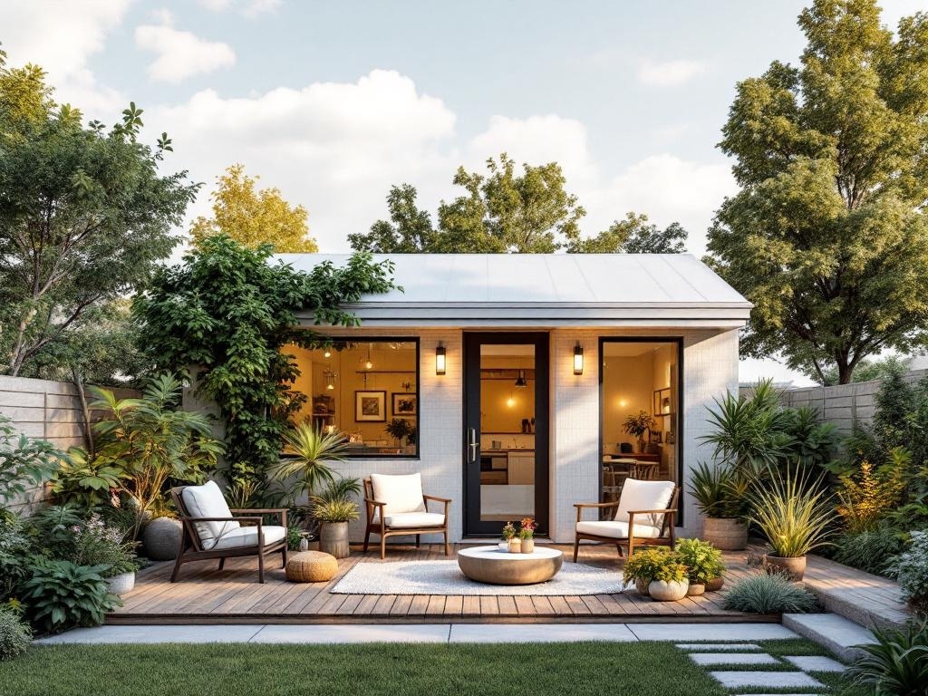 A tiny house with a welcoming outdoor living space featuring a wooden deck, comfortable chairs, and lush greenery.