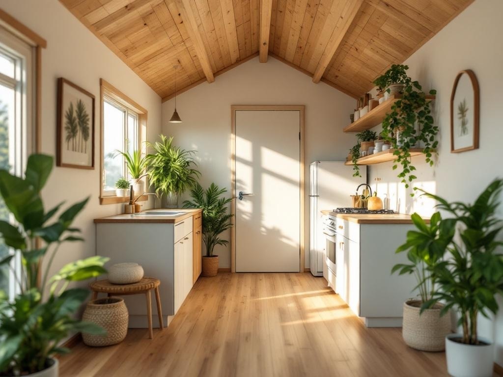 A cozy tiny house kitchen with wooden ceiling, plants, and natural light.