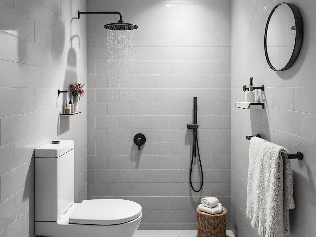 A minimalist bathroom with a shower, featuring gray tiles, a large shower head, and simple storage solutions.