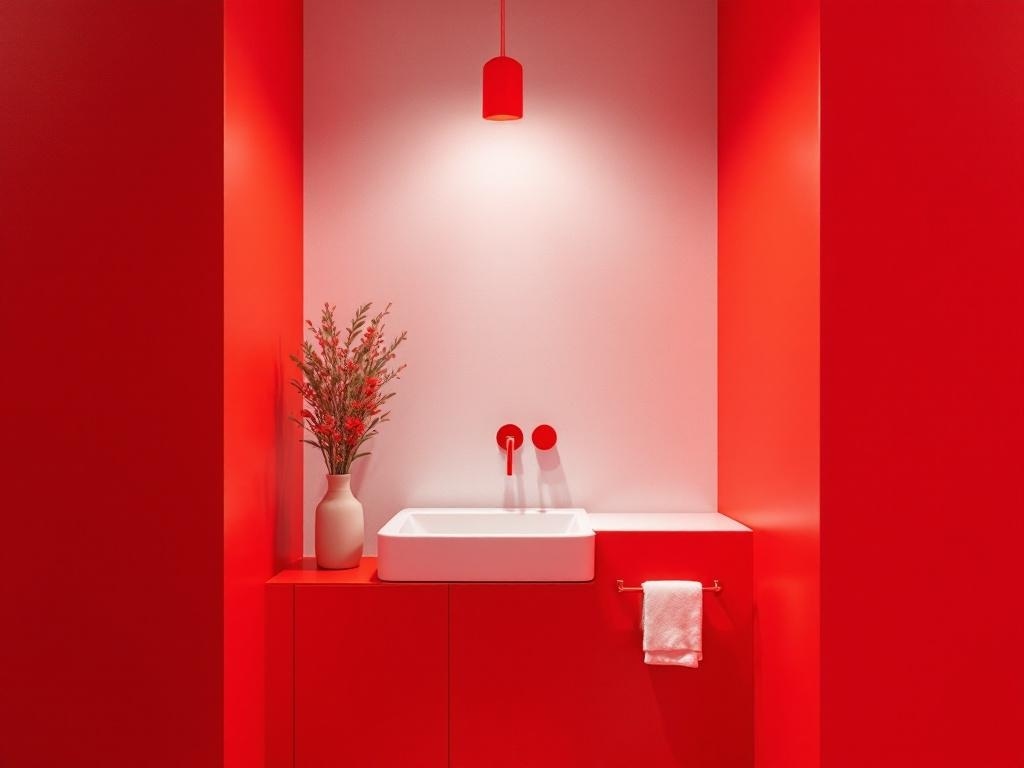 A small minimalist bathroom featuring bold red walls, a white sink, and a touch of greenery.