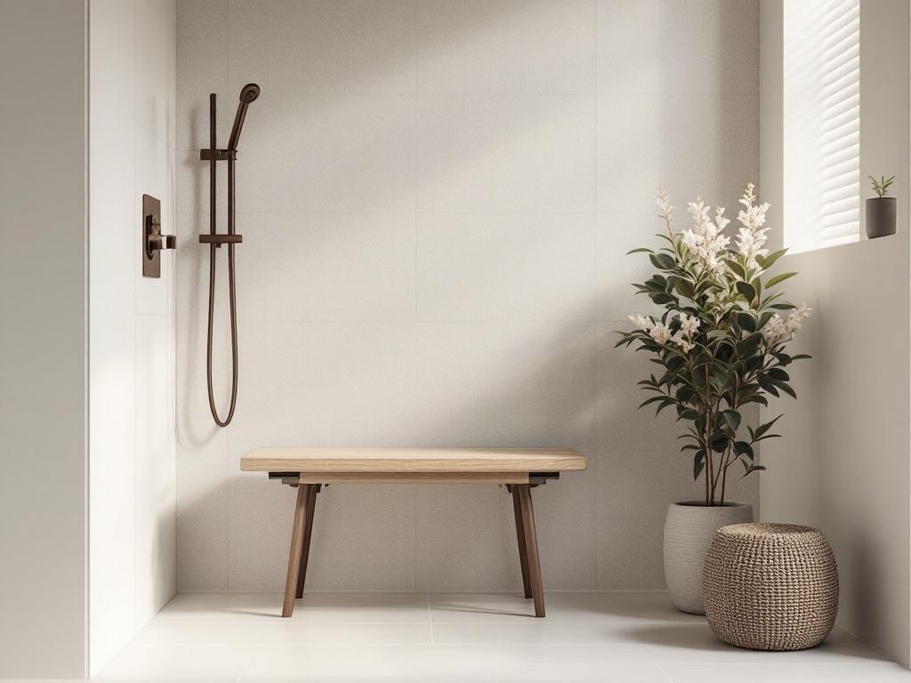 A minimalist shower with a wooden bench, potted plant, and neutral tiles.