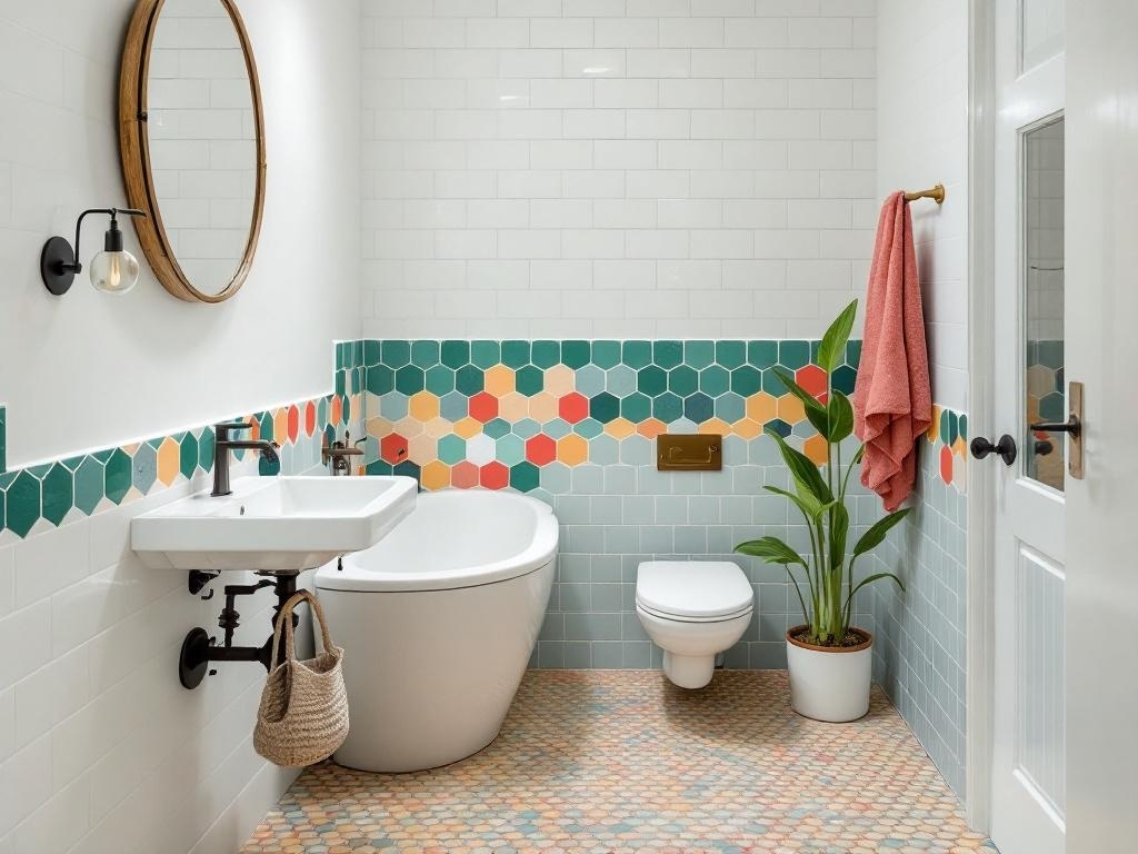 A small minimalist bathroom featuring colorful tile accents in hexagonal and rectangular shapes.